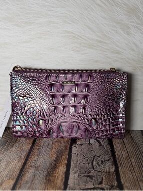 NWT Brahmin Purple Passion Daisy Wristlet Clutch Makeup Bag Leather